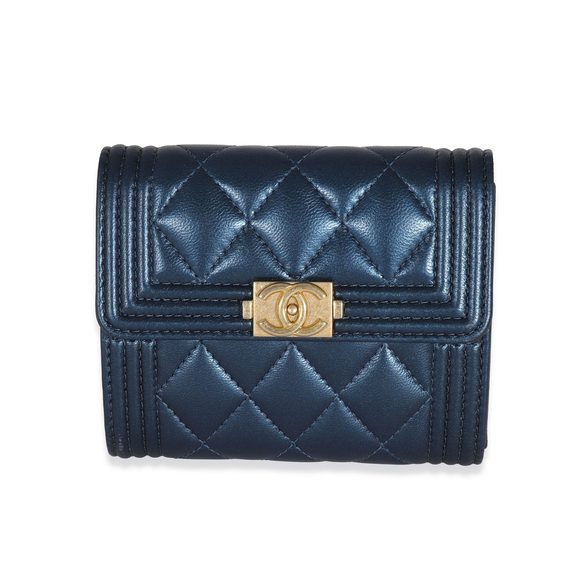 Chanel Navy Metallic Lambskin Boy Wallet - Picture 1 of 7
